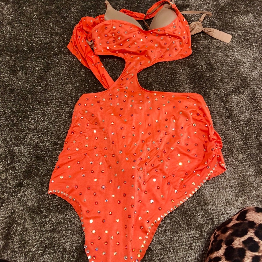 Orange high sparkle Latin dance dress size S